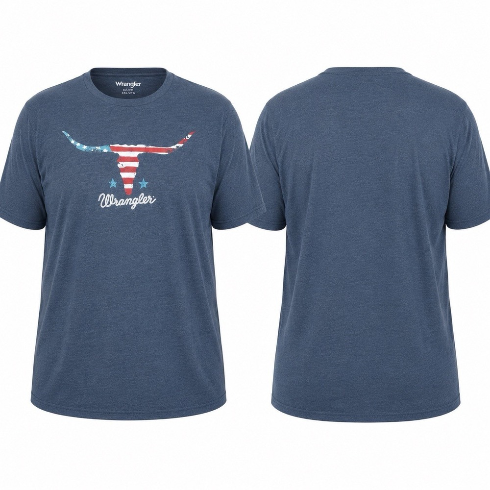 Wrangler Mens XXL Graphic T-Shirt Longhorn USA Flag Blue Heather 10MQ6207B NWT